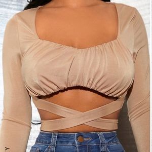 Cream Slinky Crop Top with Ruching and Tie Up Waist